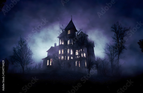 Haunted House. Creepy Atmosphere for Halloween. Fog, Moon light. Illuminated windows.