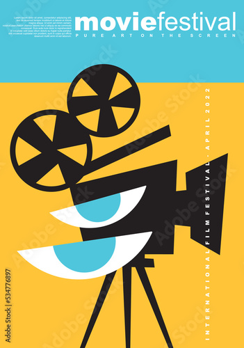 Film festival poster, brochure, banner or backdrop design. Movie camera graphic and stylized abstract eyes vector illustration. 