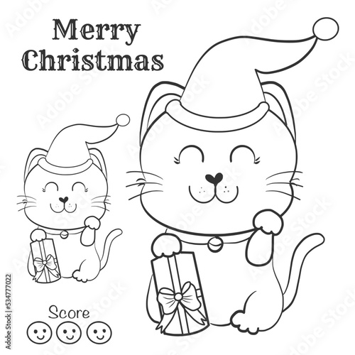 coloring page for children with Cat and gift in Christmas day. White backgound and printable with higt quality. photo