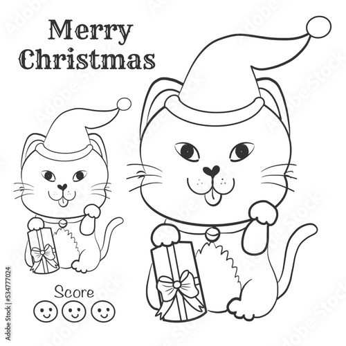 Cat and gift in Christmas day for coloring page. White backgound and printable with higt quality.