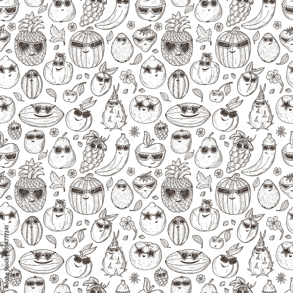 Seamless pattern of Hand drawn doodle Funny Stylish Fashion Fruits with Sunglasses