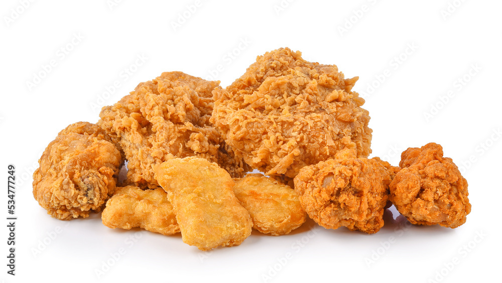 Fried chicken and chicken nuggets isolated on white background. Fried chicken and chicken nuggets isolated on white background.