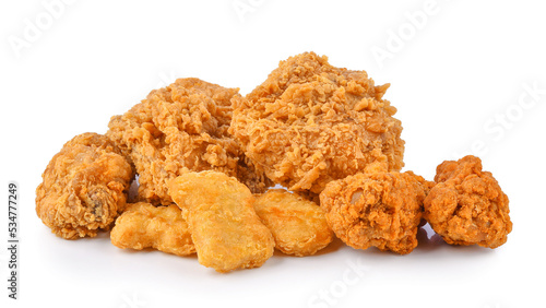 Fried chicken and chicken nuggets isolated on white background.