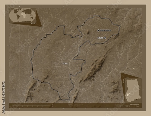 Ahafo, Ghana. Sepia. Labelled points of cities photo