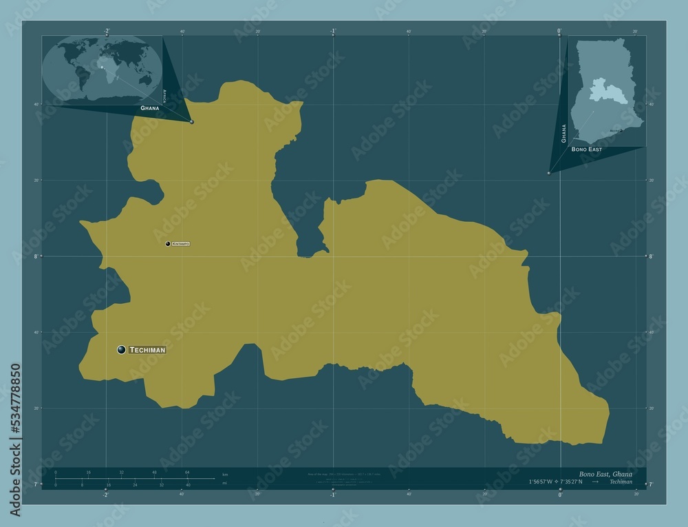 Bono East, Ghana. Solid. Labelled points of cities