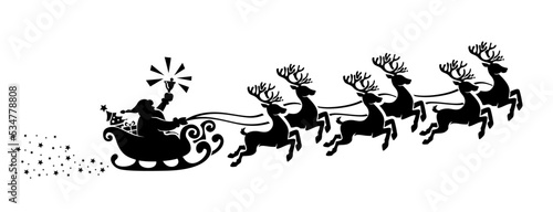 Santa Claus silhouette with bell in sleigh with reindeers full of gifts and christmas tree. Merry christmas and Happy new year decoration. Vector on transparent background