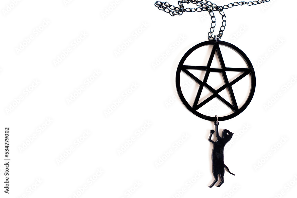 Pentagram necklace with black cat pendant on white