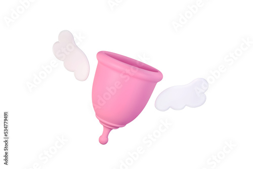 Foto 3D rendering of a pink menstrual bowl in the form of an angel with wings and on a gentle background