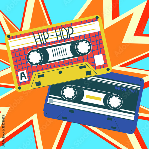 Retro cassette. Analogue audio objects, bright colorful abstract poster, contemporary card, Vintage songs mix tape, 80s 90s disco melody, trendy print. Vector cartoon flat poster