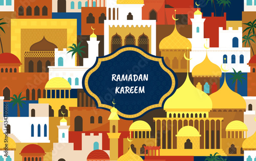 Islam Ramadan pattern. Eid Mubarak. Arabic buildings. Morocco houses exterior. Ramadhan mosques. Arabia urban architecture. Religious holiday banner. Vector illustration background