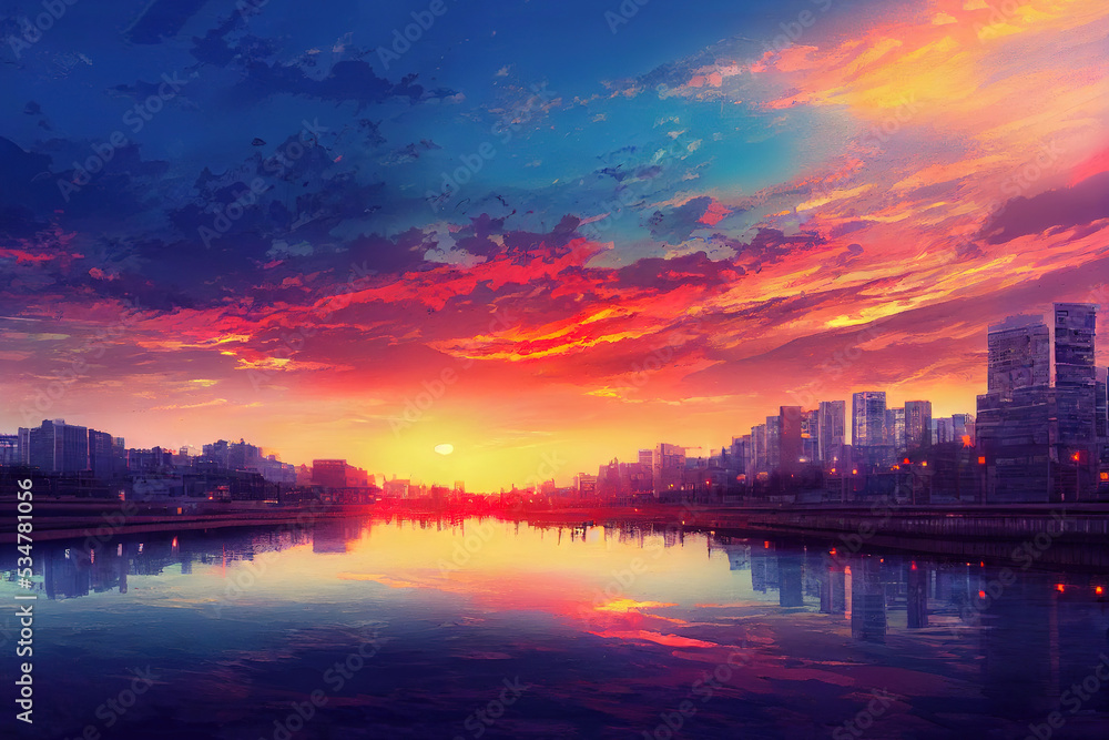 anime style, Sunset Seoul City at han river South Korea , Anime style