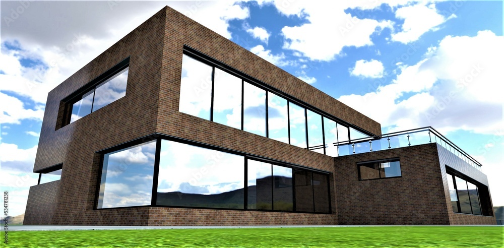 Fototapeta premium Newly built low-rise office building in an environmentally friendly area. Mirror panoramic heat-saving windows. Spacious Adjacent green lawn. 3d rendering.