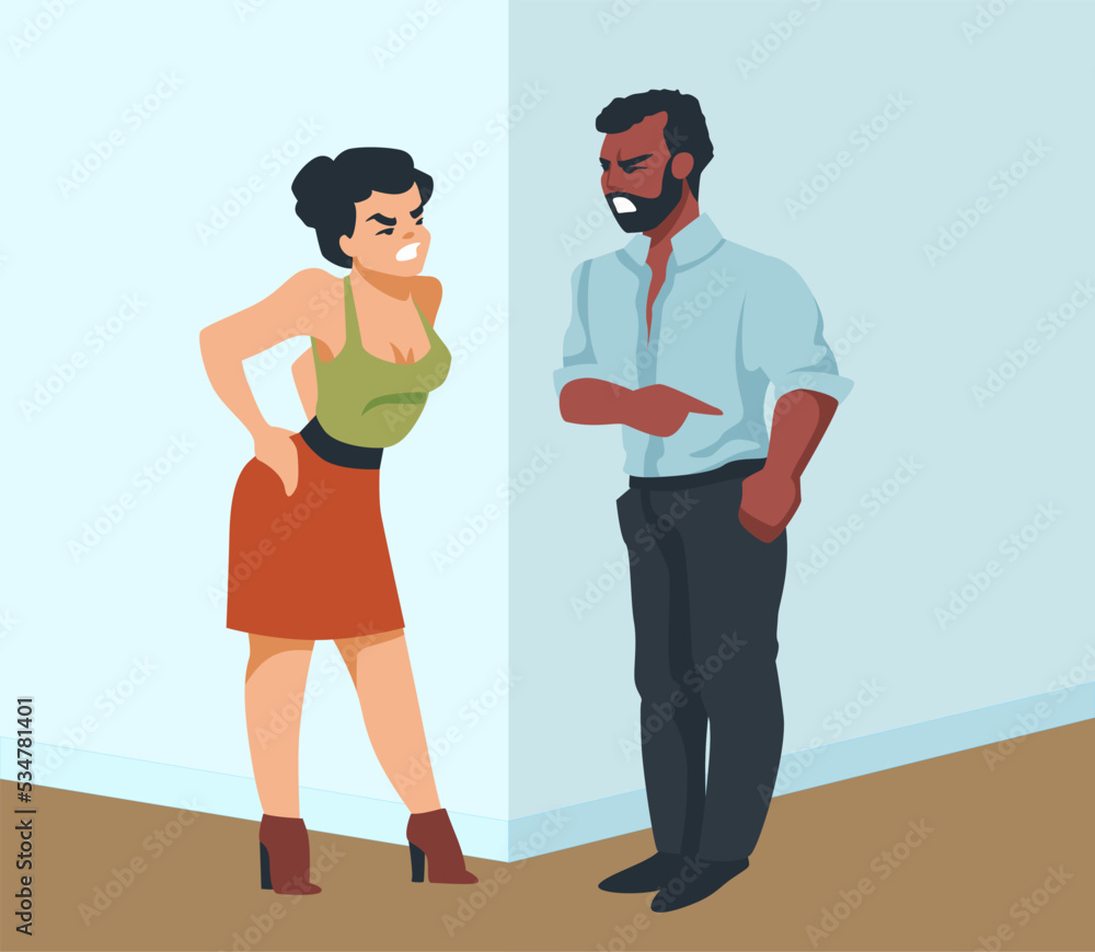 Couple relationship. Man and woman arguing. Family conflict. Furious quarrel. People shouting. Communication misunderstanding. Wife and husband disagreement crisis. Vector illustration