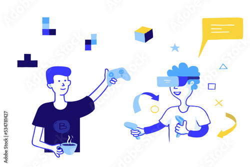 Game development concept. Doodle VR and 3D video gaming mechanics trendy objects. Boys with playing joystick and augmented virtual reality glasses. Computer technology. Vector gamers set