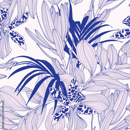 Exotic flowers and palm leaves illustration. Blue pink seamless pattern.