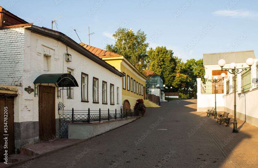 VLADIMIR, RUSSIA - AUGUST, 18, 2022: historic St. George pedestrian street with historical architecture in the old town on a sunny summer day