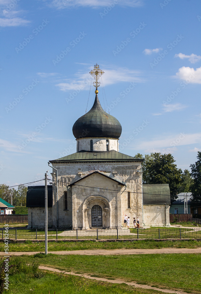 Ancient white-stone St. George's Cathedral in the old town of Yuriev Polsky, Vladimir region, Russia on a clear sunny summer day