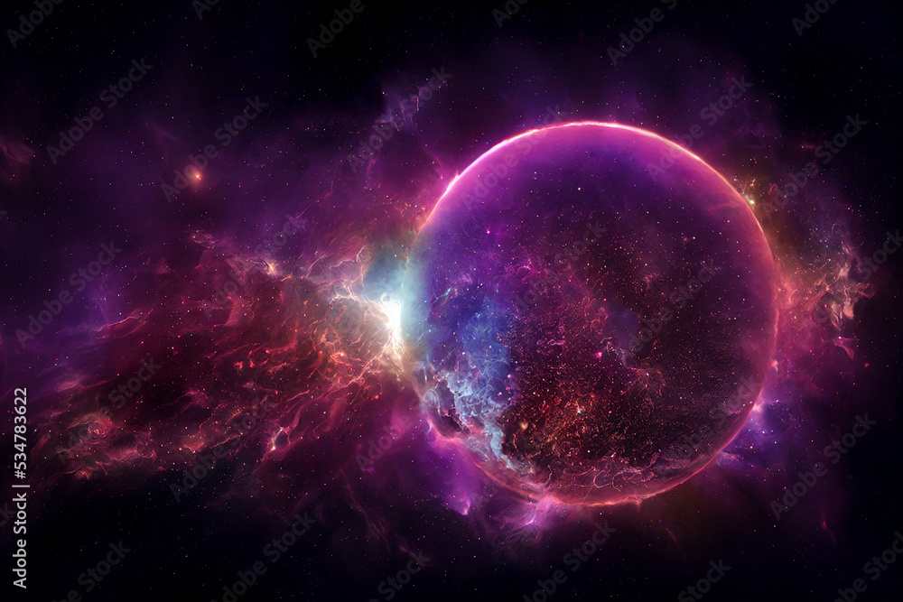 Destruction of Extrasolar Planet 3D Art Work Awesome Purple Abstract Background. Astonishing Huge Cosmic Spherical Body in Deep Space. Fantastic Sci-Fi Distant Cosmic Worlds Spectacular Wallpaper