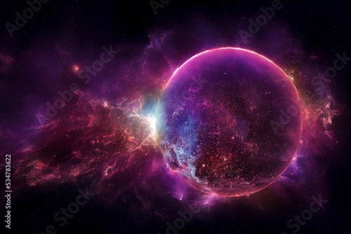 Destruction of Extrasolar Planet 3D Art Work Awesome Purple Abstract Background. Astonishing Huge Cosmic Spherical Body in Deep Space. Fantastic Sci-Fi Distant Cosmic Worlds Spectacular Wallpaper