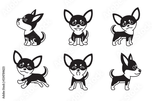 Vector cartoon set of black and white color chihuahua dog for design.