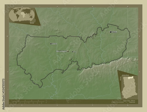 Upper East, Ghana. Labelled points of cities