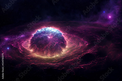 Creation of Star in Deep Space 3D Artwork Purple Stunning Abstract Background. Astonishing Cosmic Plasma Massive Structure Science Fiction Movie Scene. Distant Cosmic Worlds Spectacular Wallpaper