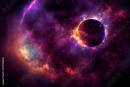 Collapse of Alien Planet 3D Art Work Purple Spectacular Abstract Background. Destruction of Huge Cosmic Spherical Body in Deep Space Artwork. Fantastic Distant Cosmic Worlds Magnificent Wallpaper