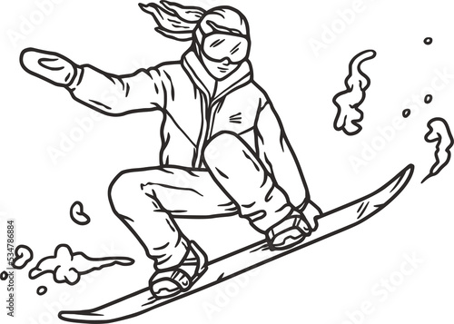 Winter sports snowboarder on a snow board in the grab jump. Outline hand drawing in vector