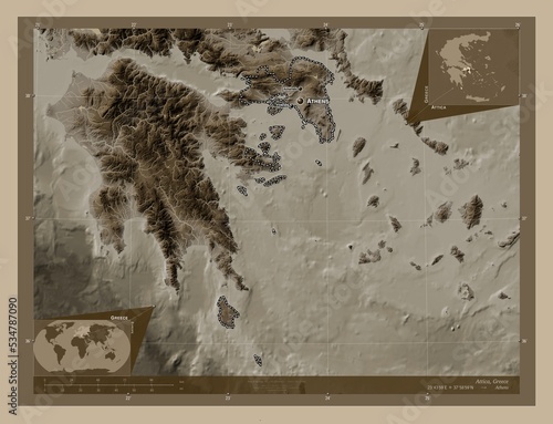 Attica, Greece. Sepia. Labelled points of cities photo