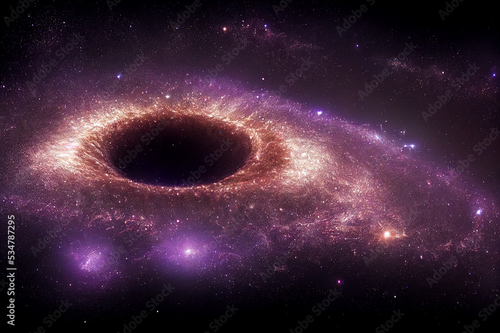 Naklejka premium Supermassive Black Hole in The Center of Spiral Galaxy 3D Art Work Spectacular Abstract Background. Majestic Giant Cosmic Wormhole and Stars Cluster in Deep Space Wallpaper. Distant Cosmos Researching