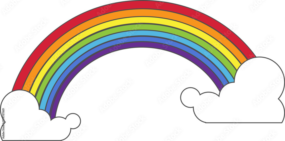 Rainbow with clouds. A cartoon illustration of a rainbow and clouds with a white stroke and shadow on a white background. Vector, cartoon illustration.