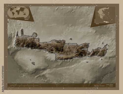 Crete  Greece. Sepia. Labelled points of cities