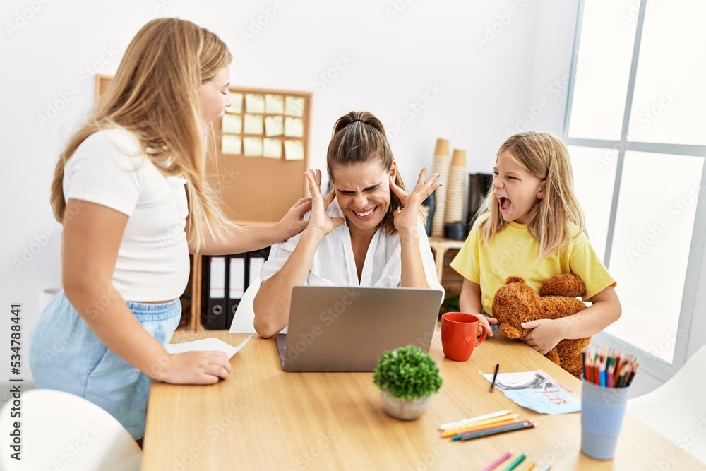 Mother and daughters business worker stressed for girls working at office Mother and daughters business worker stressed for girls working at office
