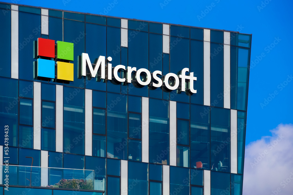 Haifa,Israel July 22,2022 Microsoft logo on facade of office
