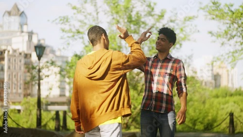 African American teen greeting best friend in park, shaking hands and smiling photo