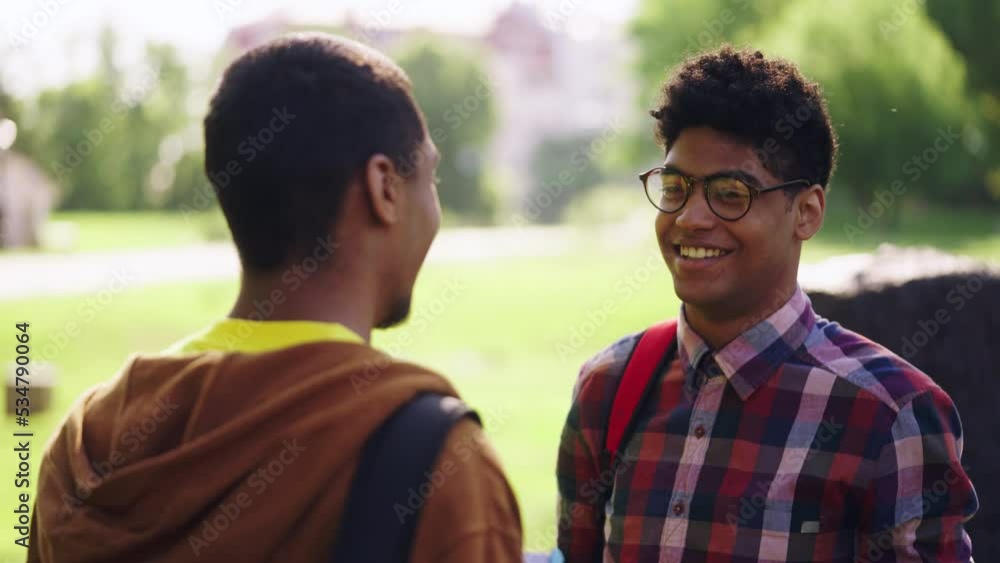 Two teenage friends talking in park after school, discussing homework, resting Two teenage friends talking in park after school, discussing homework, resting