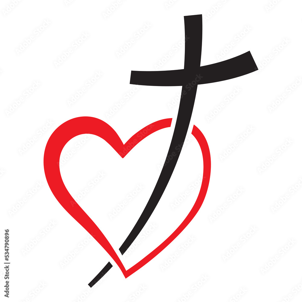Christian cross icon in red heart shape. Abstract religious symbol. Vector illustration. Love concept. Christian cross icon in red heart shape. Abstract religious symbol. Vector illustration. Love concept.