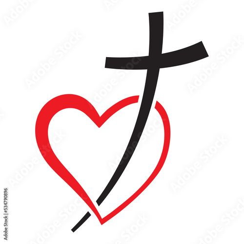 Christian cross icon in red heart shape. Abstract religious symbol. Vector illustration. Love concept.