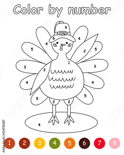 Color by number game for kids. Pilgrim Turkey Thanksgiving. Bird animal character wearing a pilgrims hat. Printable worksheet with solution for school and preschool. Learning numbers activity.