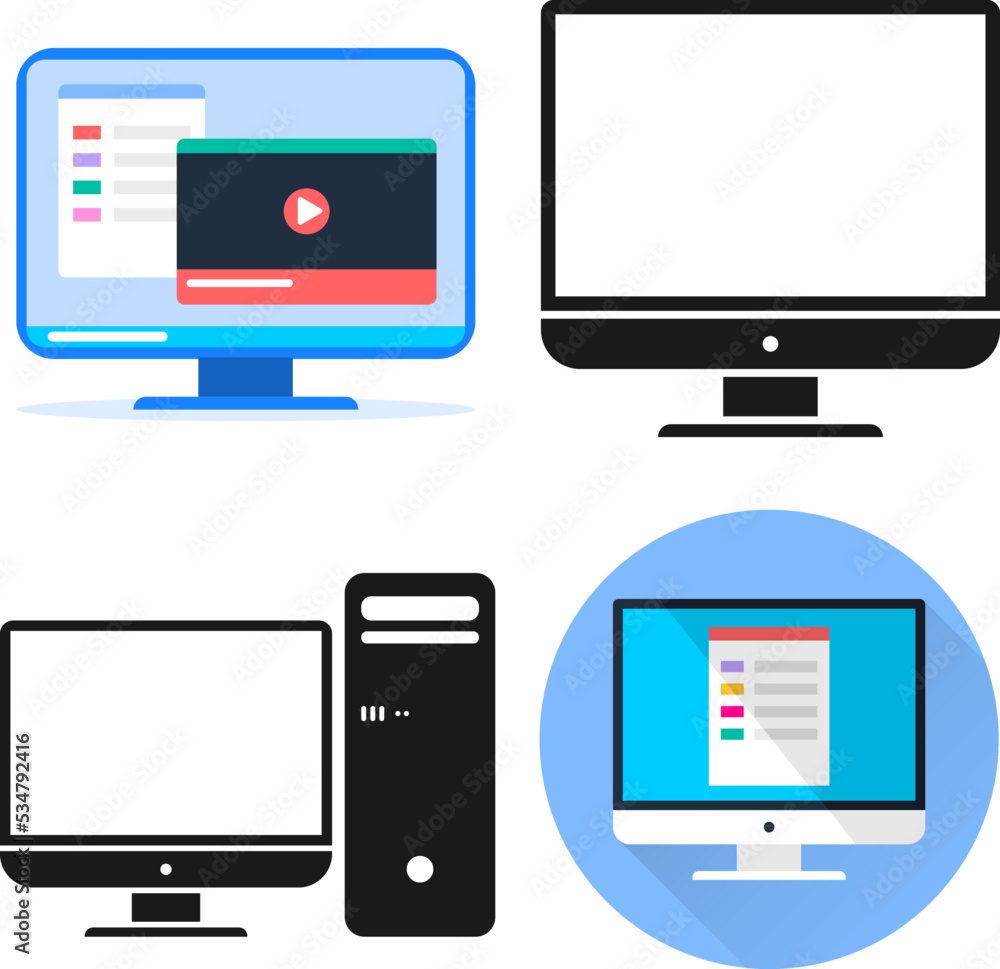 Desktop computer icon isolated on white background. A blue computer monitor icon with a player screen saver. Vector, cartoon illustration. Vector. Desktop computer icon isolated on white background. A blue computer monitor icon with a player screen saver. Vector, cartoon illustration. Vector.