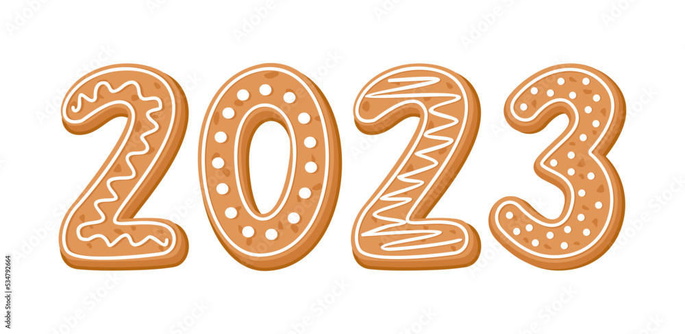 Gingerbread cookies with white icing in the form of the number 2023 on a white background. Flat vector illustration