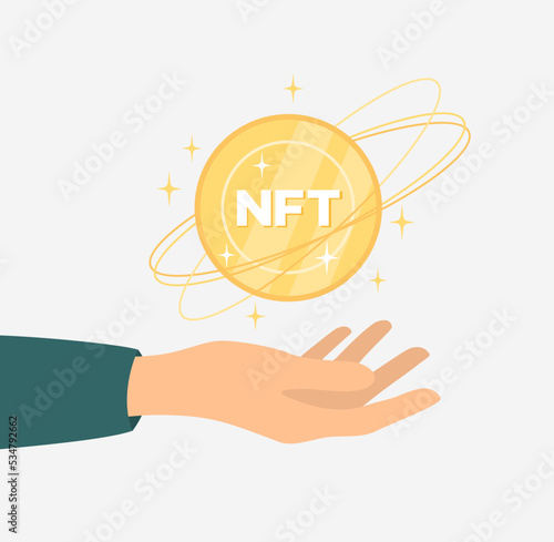 Hand holding NFT - non fungible token. Flat vector illustration