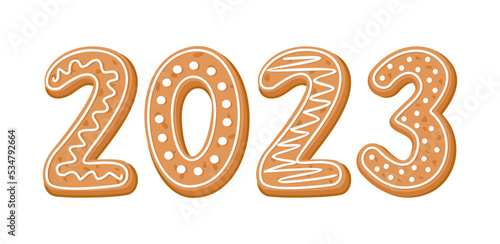 Gingerbread cookies with white icing in the form of the number 2023 on a white background. Flat vector illustration