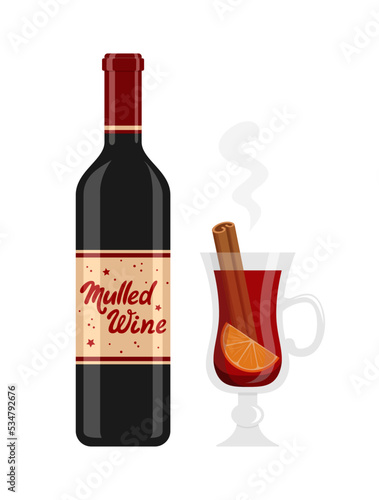 Bottle of mulled wine and glass of hot prepared mulled wine with orange and cinnamon stick isolated on white background. Flat vector illustration