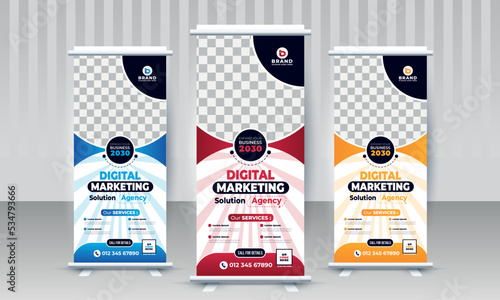 Modern creative corporate digital marketing business standee x rollup pullup signage retractable banner design three color variant red blue orange vector template
