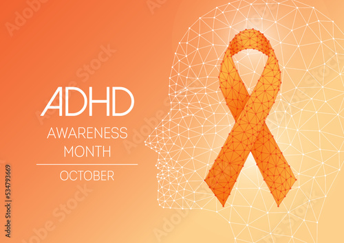 ADHD awareness month October web banner with orange ribbon and head silhouette on orange background photo