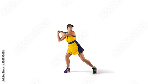 Woman playing tennis isolated on white