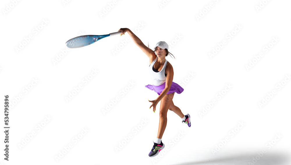 Woman playing tennis isolated on white