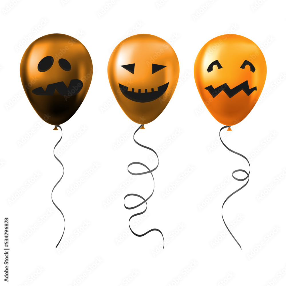Fototapeta premium Set of Halloween orange balloons with scary and funny faces