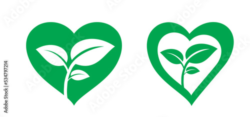 Cartoon flouwer, plant with love, heart symbol. For eco, eco, vegan, herbal or nature care concept. Leaves and green hearts icon. Heart leaf or healthy heart logo.